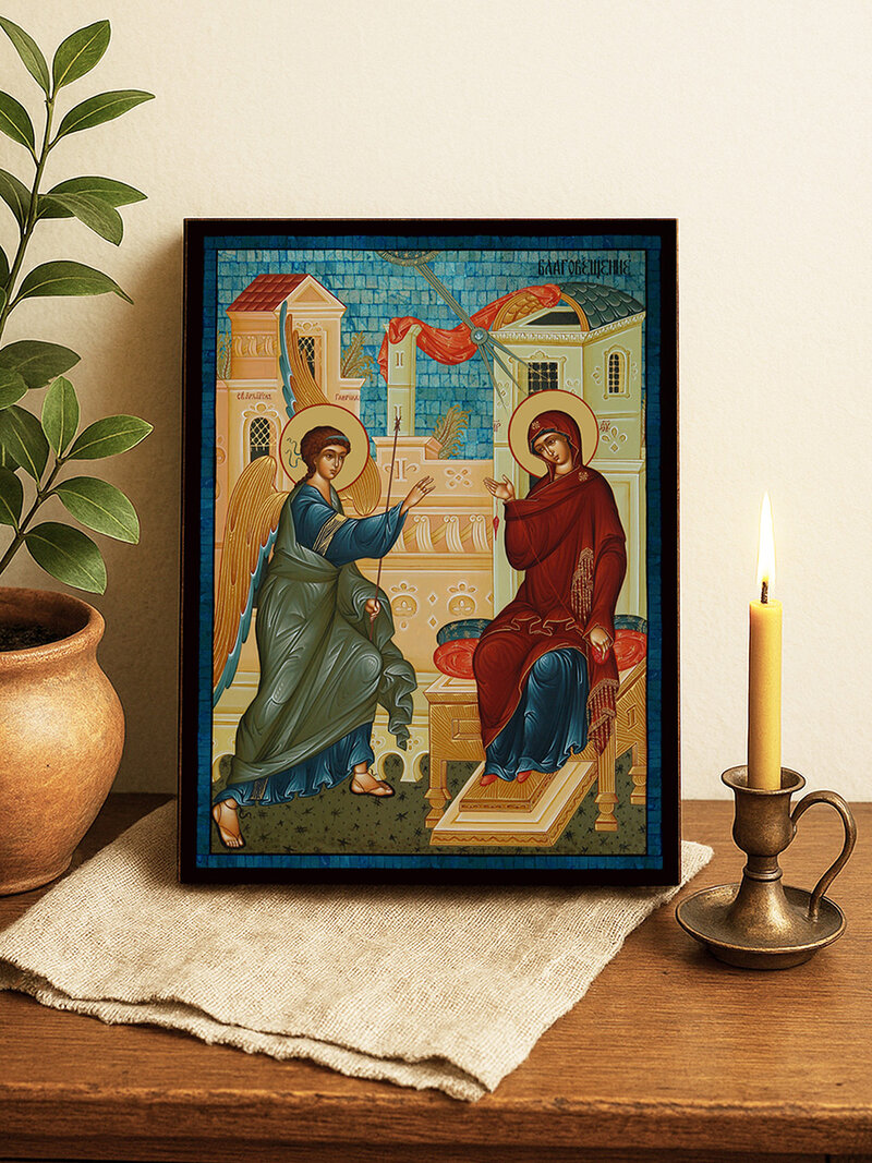 Икона на Благовещение със синя мозайка на сребърен фон