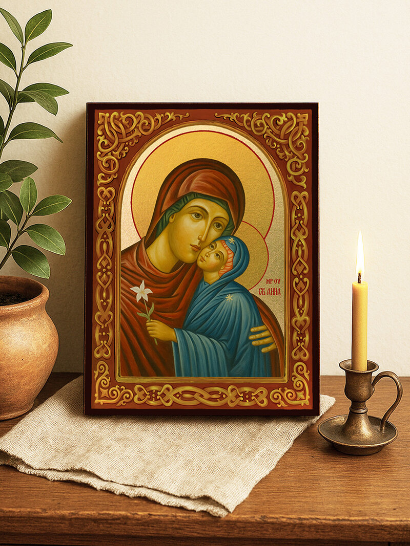 Икона на Света Анна с флорален свод и златен фон