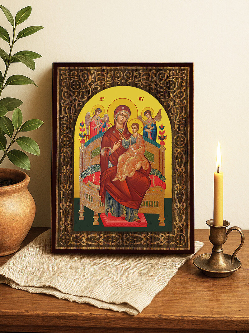 Икона на Света Богородица Всецарица с дървесен флорален свод