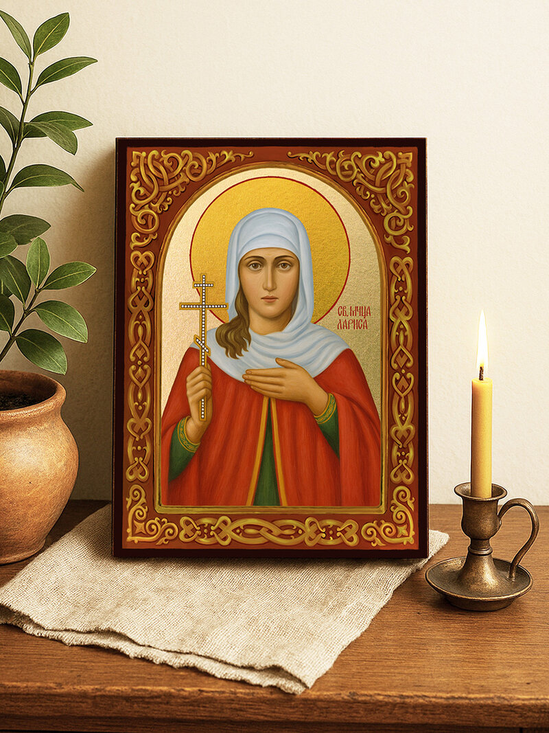 Икона на Света Лариса със златен фон и флорален свод