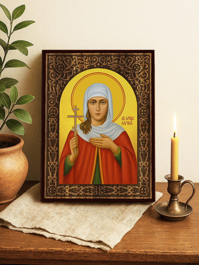 Икона на Света Лариса с флорален дървесен свод