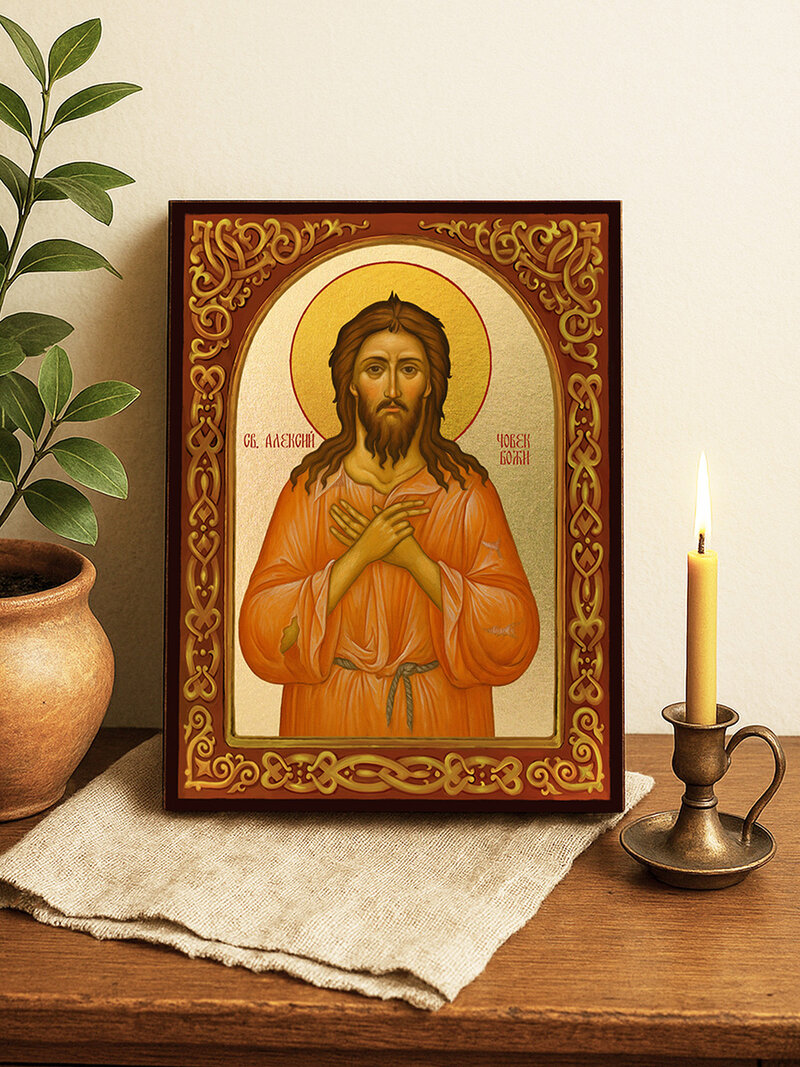 Икона на Свети Алексий, човек Божий, със златен фон и флорален свод