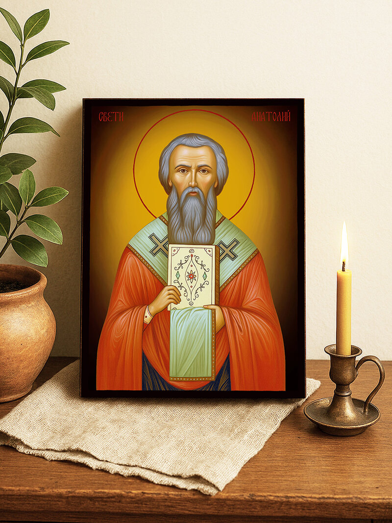 Икона на Свети мъченик Анатолий с жълтокафяв фон