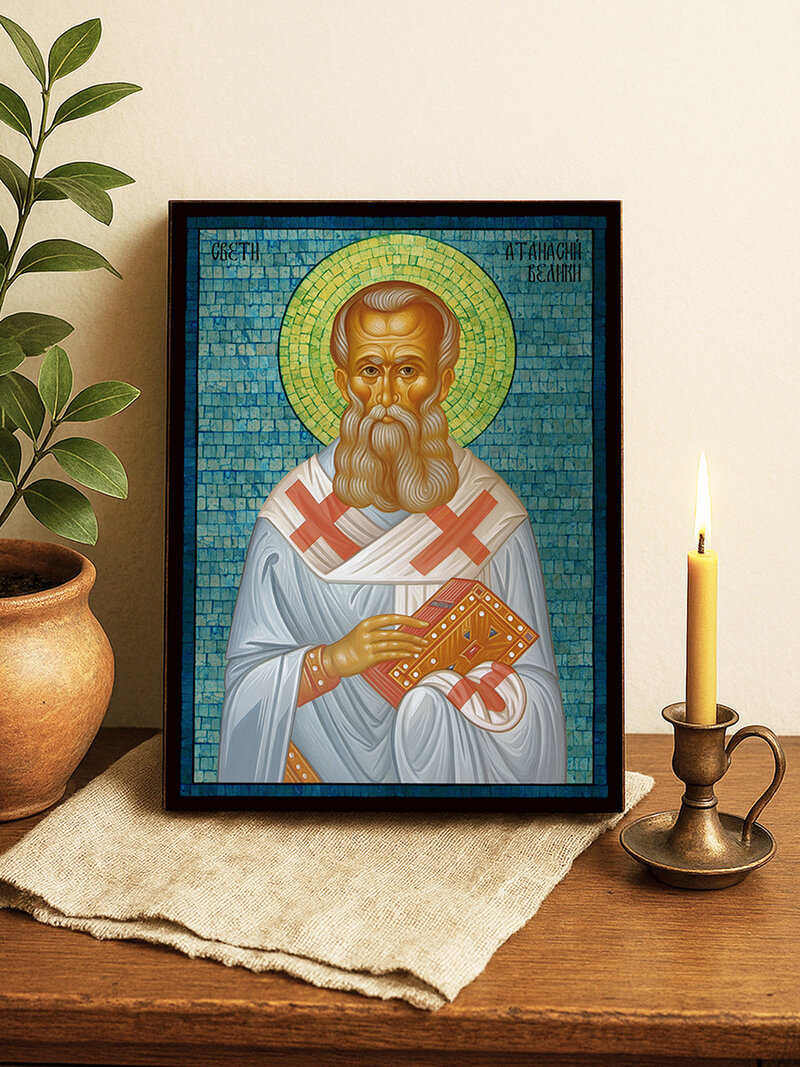Сребърна икона на Свети Атанасий Велики със синя мозайка