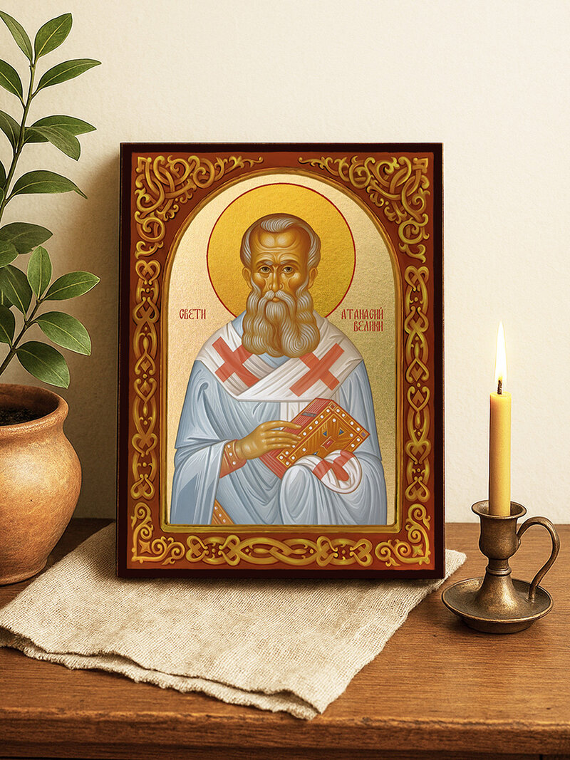 Икона на Свети Атанасий Велики със златен фон и флорален свод