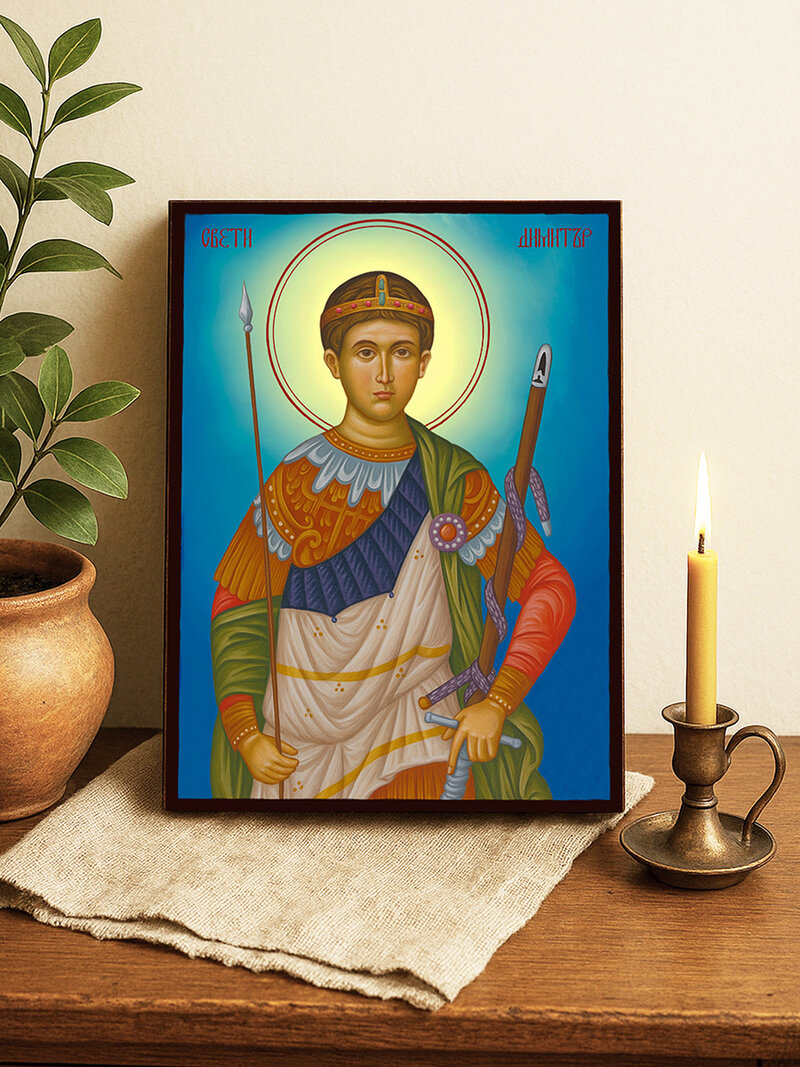 Икона на Св. Димитър с небесен фон