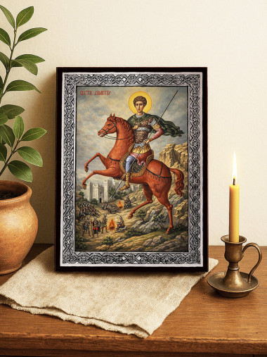 Икона на Св. Димитър Солунски на кон - сребърна рамка 