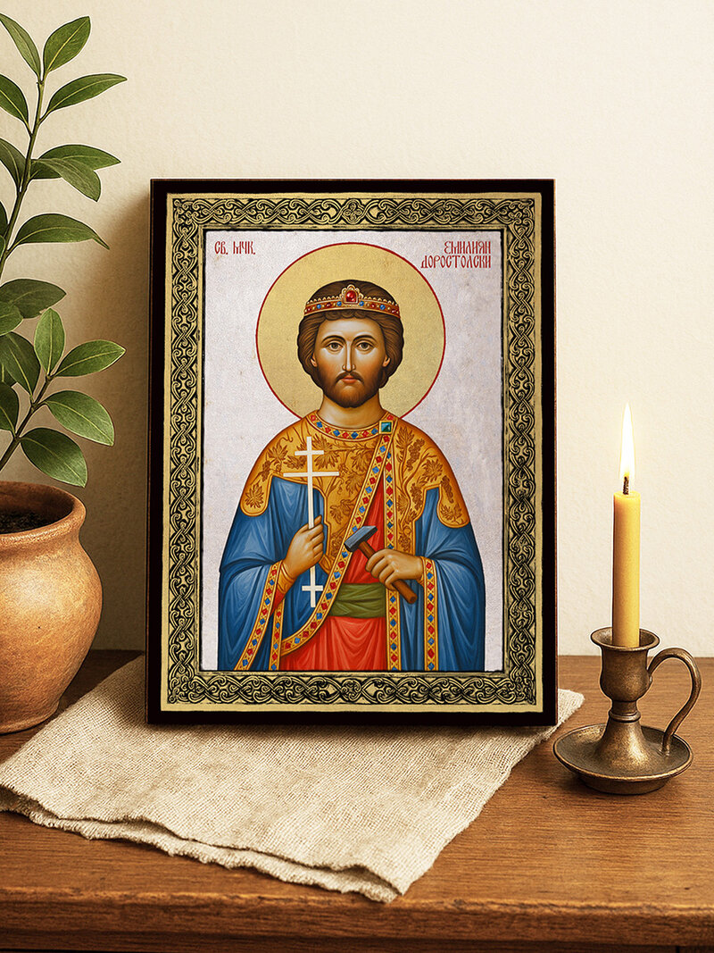 Икона на Св. Емилиан със сребърен фон и златна рамка