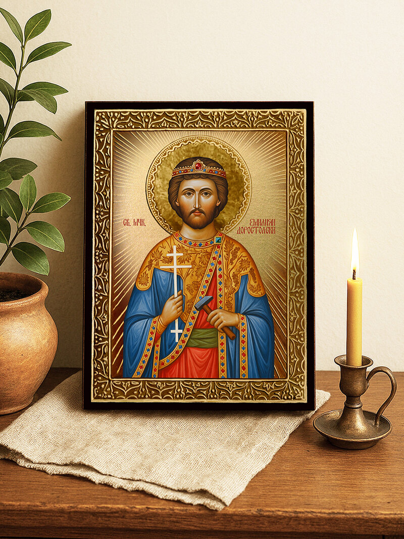 Икона на Св. Емилиан със златист фон с лъчи и рамка