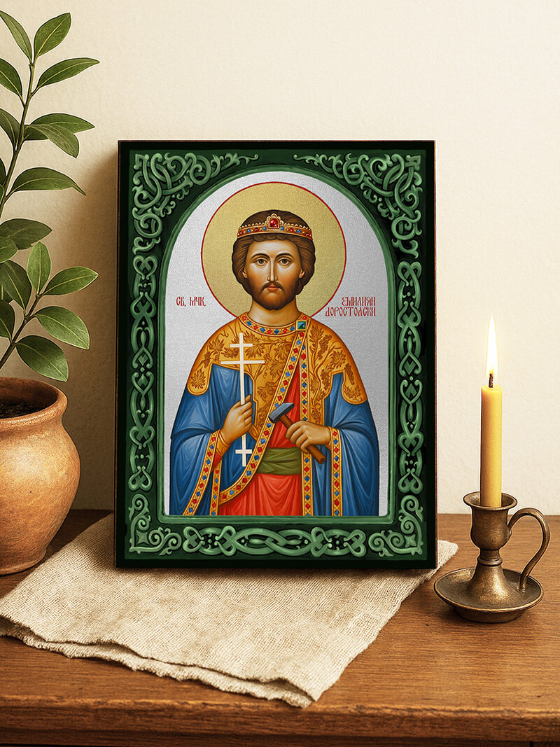 Икона на Св. Емилиан със зелен флорален свод и сребърен фон