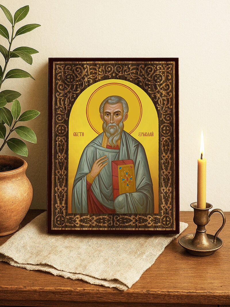 Икона на Св. Ермолай с флорален дървесен свод на жълт фон