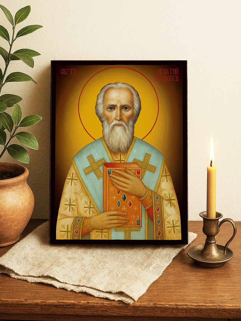 Икона на Св. Игнатий Богоносец с жълт фон със затъмняване