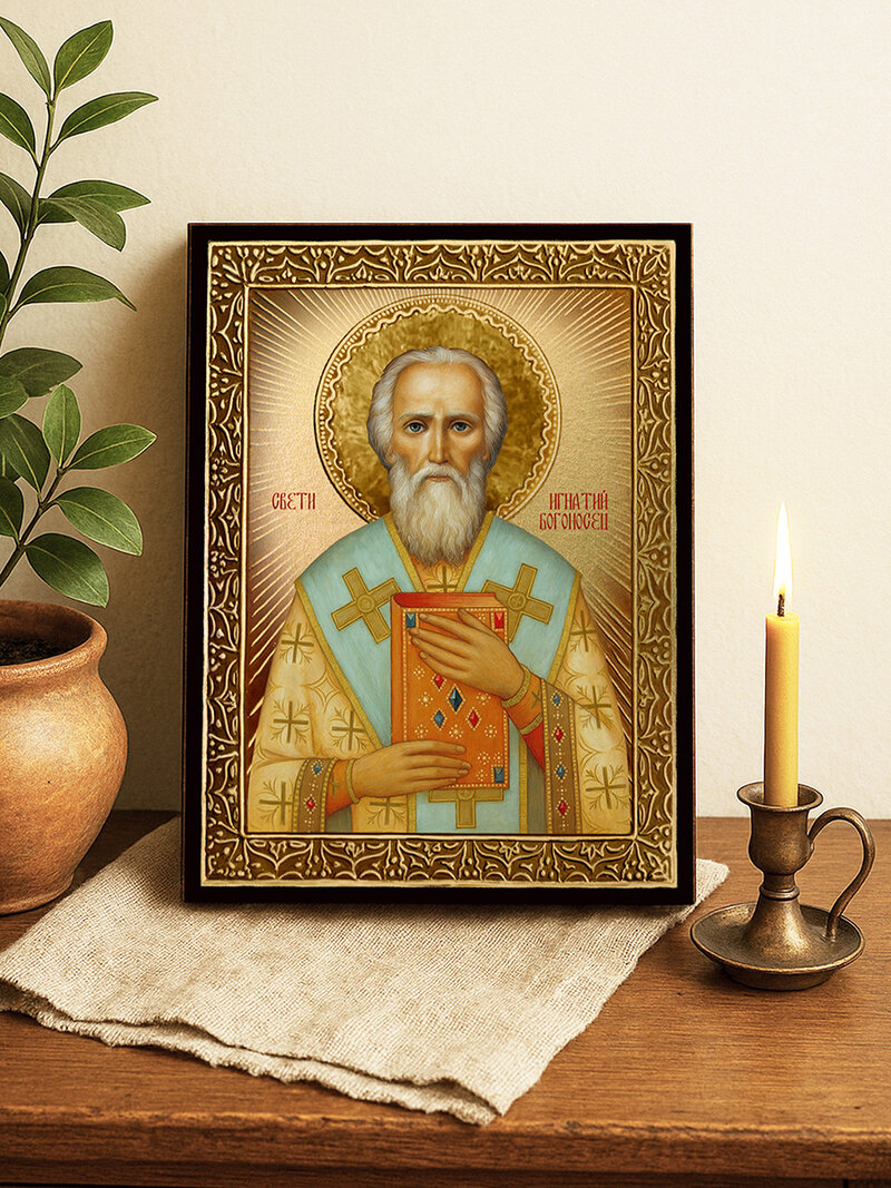 Икона на Св. Игнатий Богоносец със златист фон с лъчи и рамка