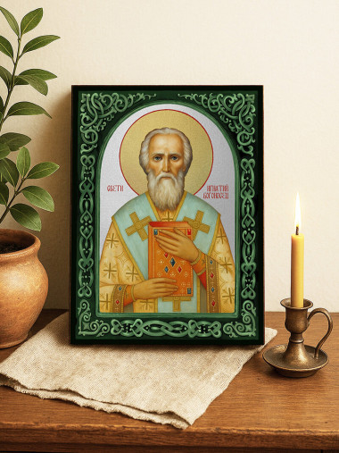 Икона на Св. Игнатий Богоносец със зелен флорален свод и сребърен фон