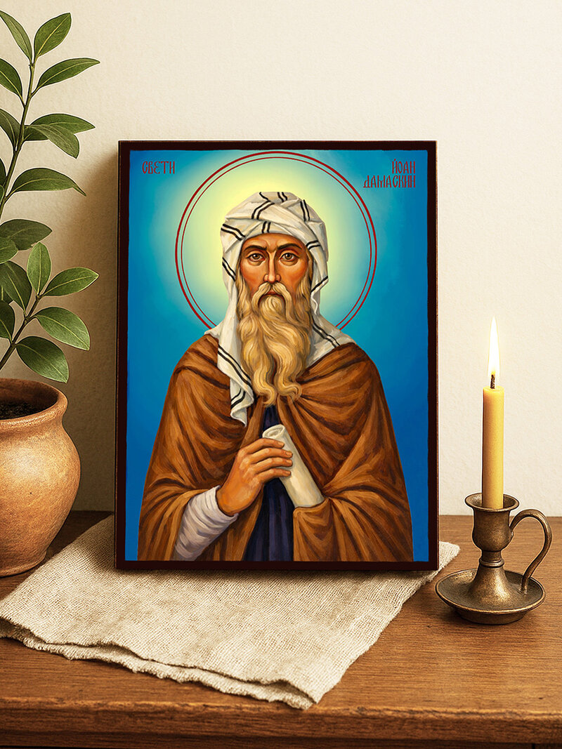 Икона на Св. Йоан Дамаскин с небесен фон