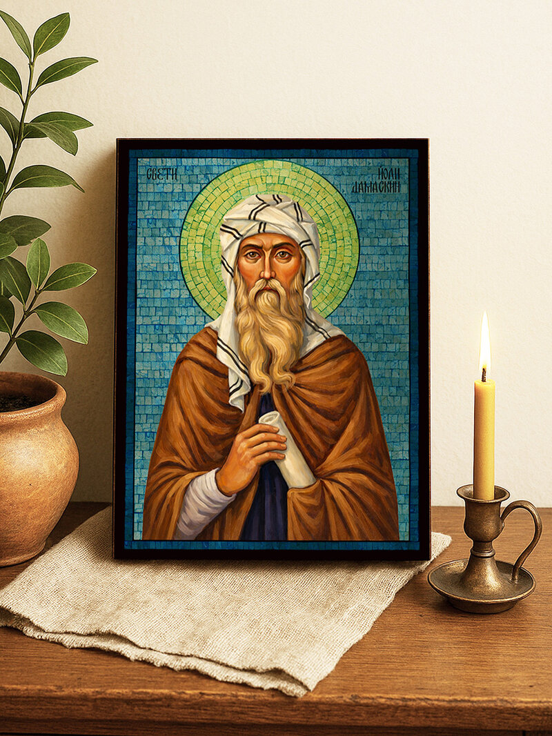 Сребърна икона на Св. Йоан Дамаскин със синя мозайка