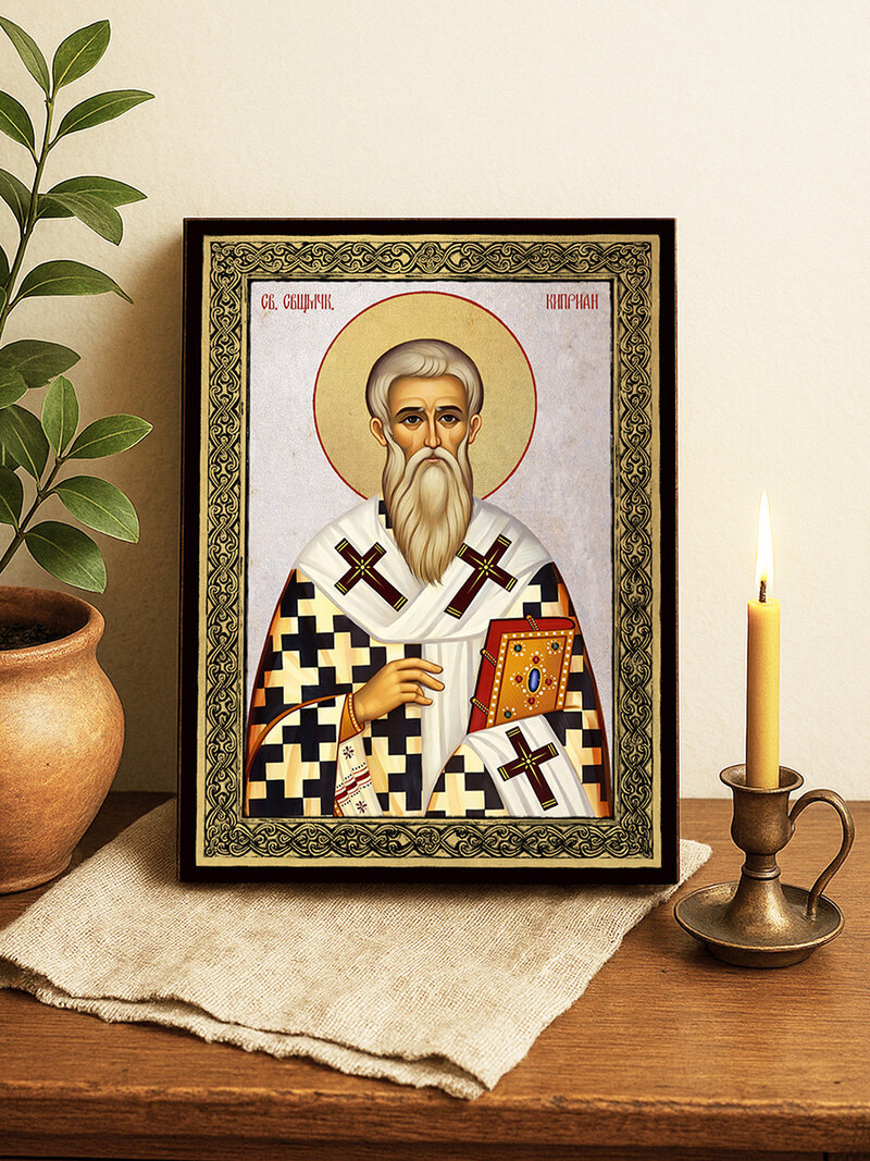 Икона на Св. Киприан със сребърен фон и златна рамка