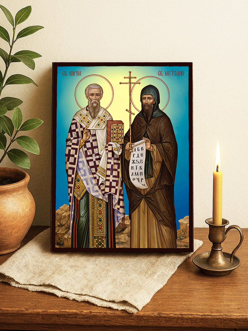 Икона на Свети Кирил и Методий с небесен фон