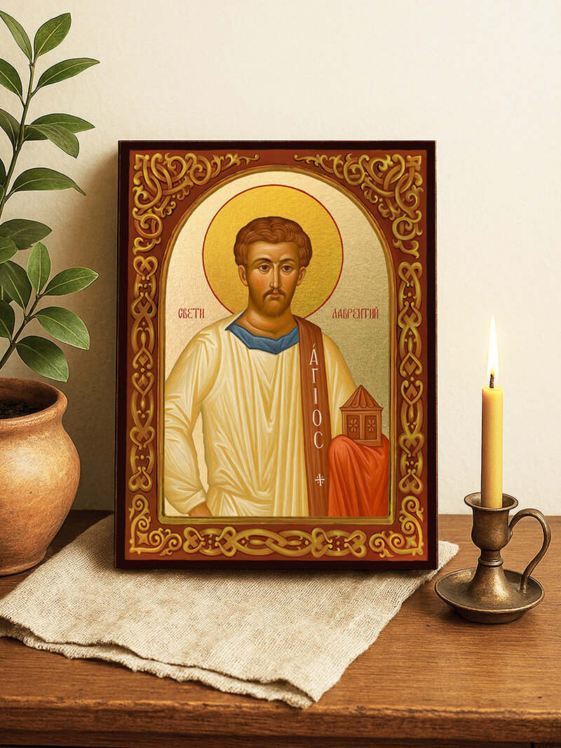 Икона на Св. Лаврентий с флорален декоративен свод и златен фон