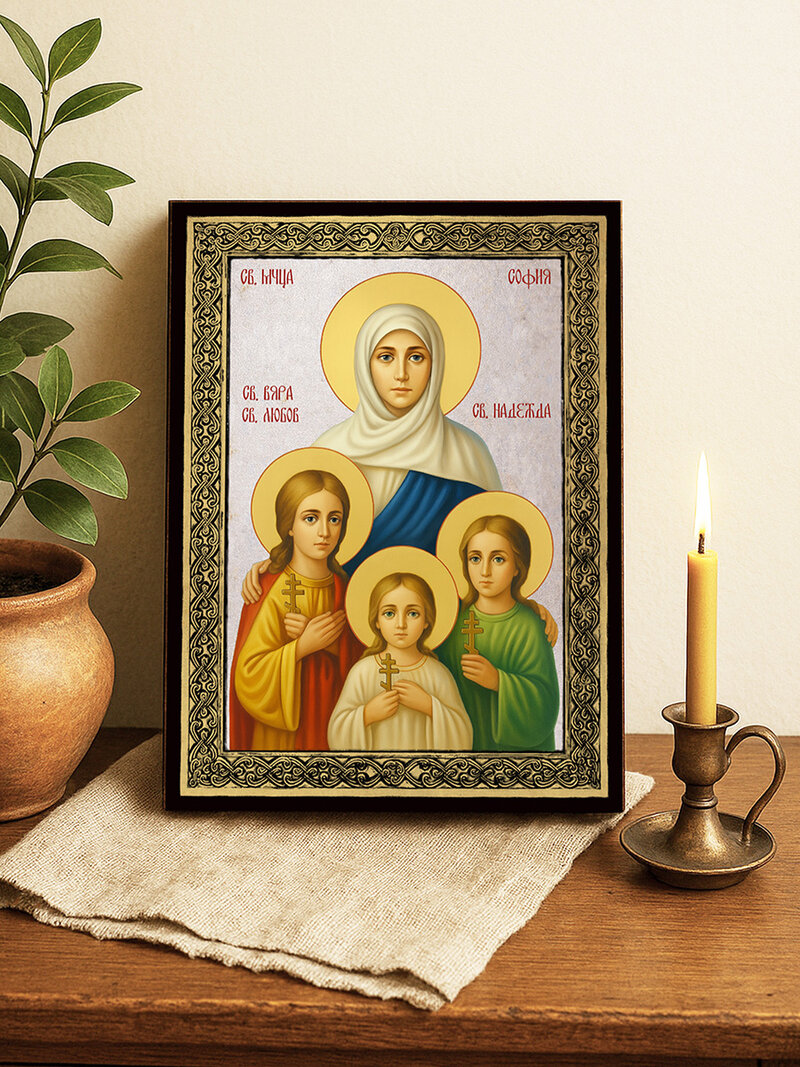 Сребърна икона на Свети мъченици София, Вяра, Надежда и Любов със златна рамка