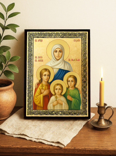 Златна икона на Свети мъченици София, Вяра, Надежда и Любов със златна рамка