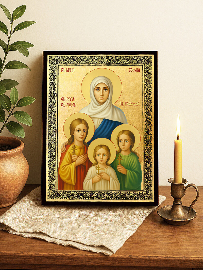 Златна икона на Свети мъченици София, Вяра, Надежда и Любов със златна рамка