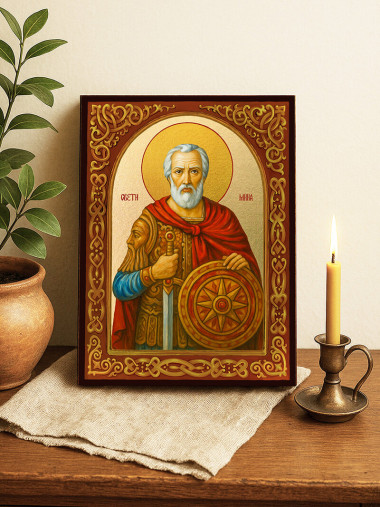 Икона на Свети Мина с флорален свод и златен фон