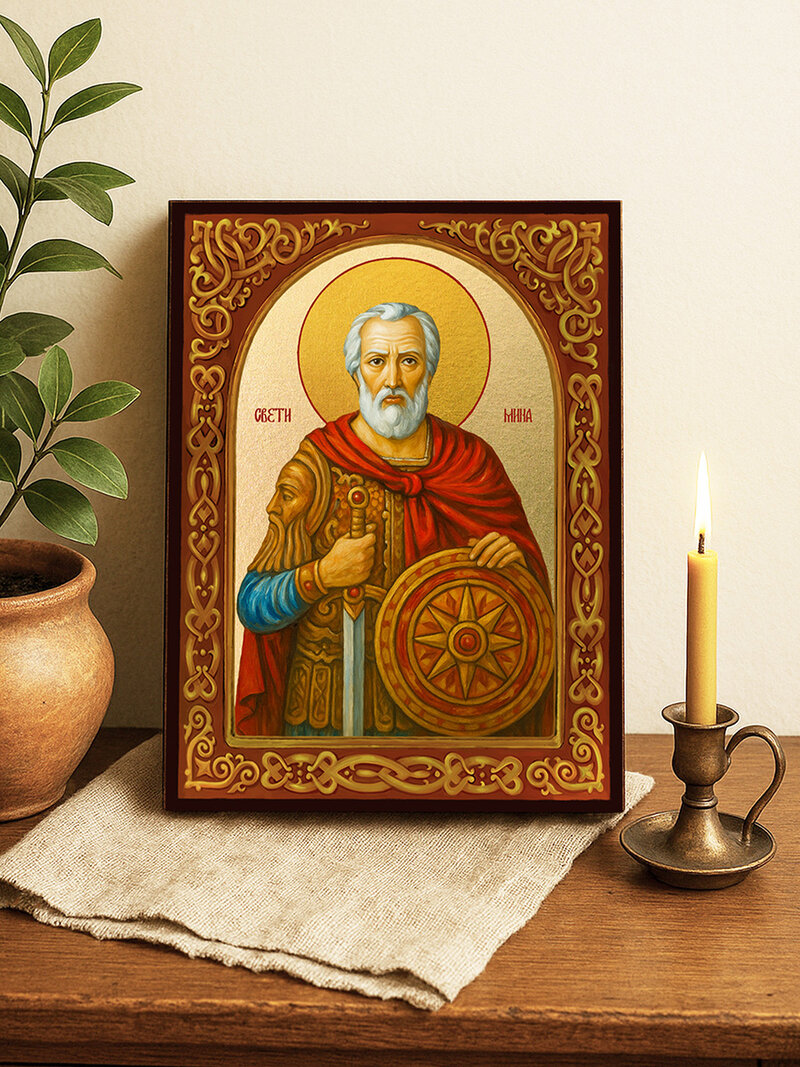 Икона на Свети Мина с флорален свод и златен фон