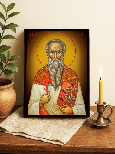 Икона на Св. Мирон с жълт фон със затъмняване