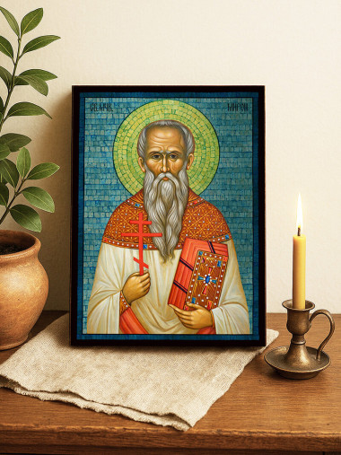 Сребърна икона на Св. Мирон със синя мозайка
