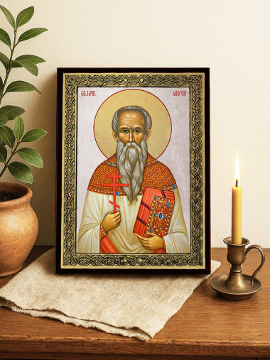 Икона на Св. Мирон със сребърен фон и златна рамка