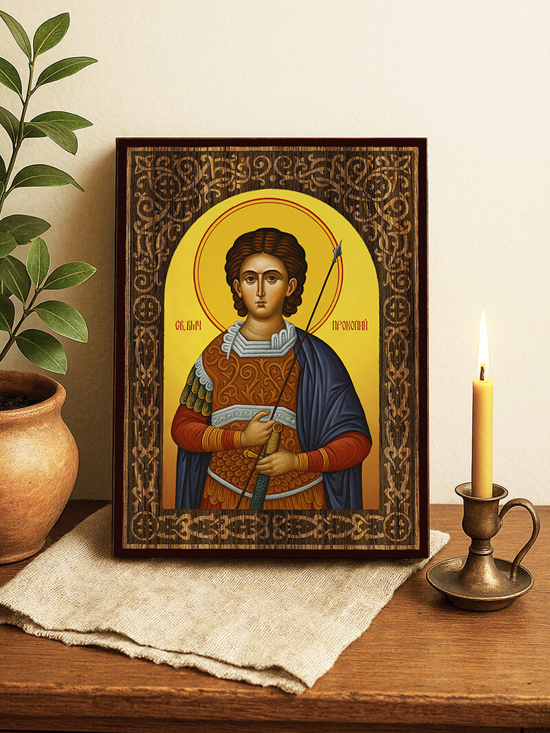 Икона на Св. Прокопий с флорален дървесен свод на жълт фон