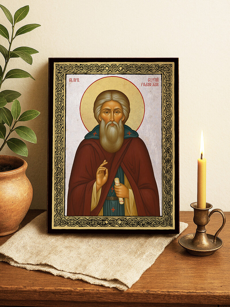 Икона на Св. Сергий Радонежки със сребърен фон и златна рамка