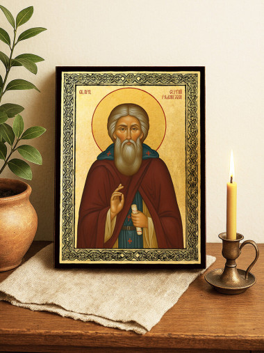 Златна икона на Св. Сергий Радонежки със златен фон и декоративна рамка