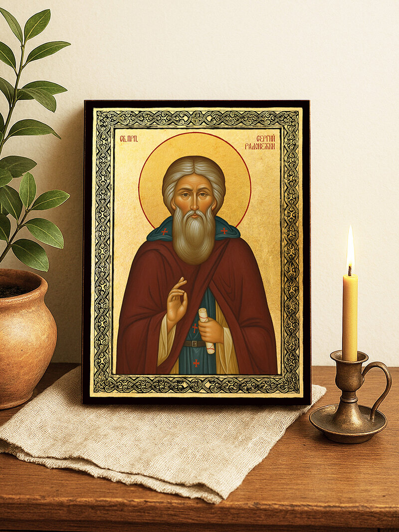 Златна икона на Св. Сергий Радонежки със златен фон и декоративна рамка