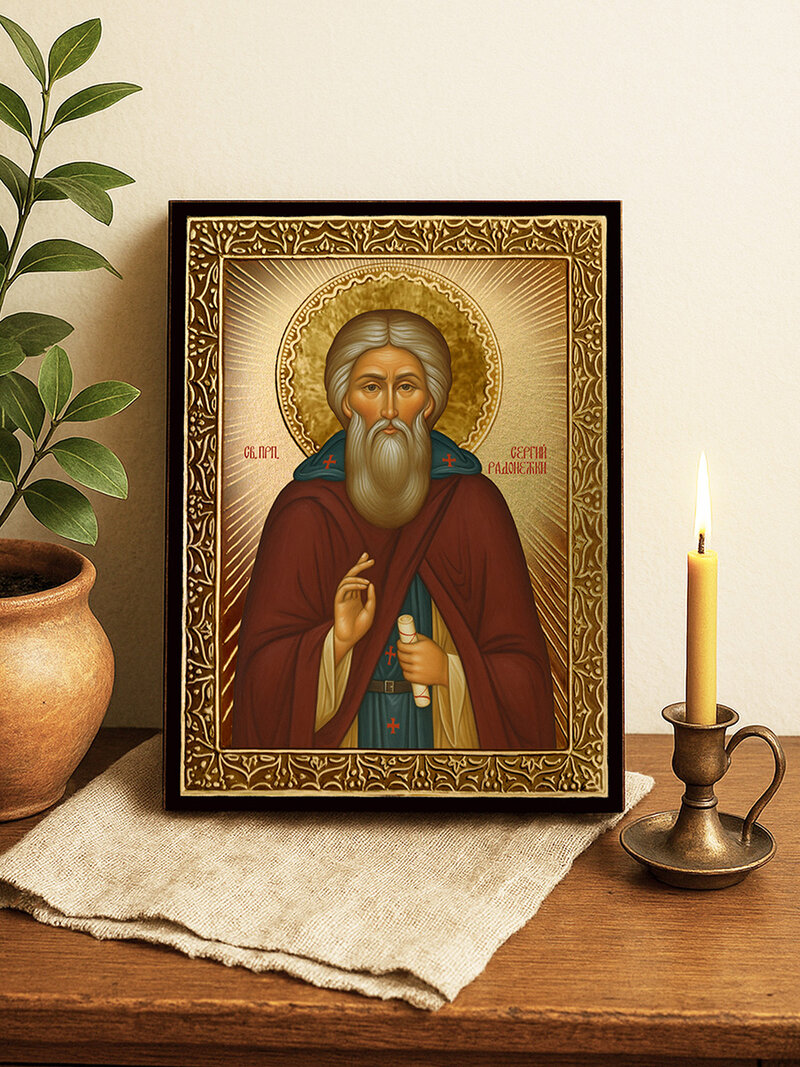 Икона на Св. Сергий Радонежки със златист фон с лъчи и рамка