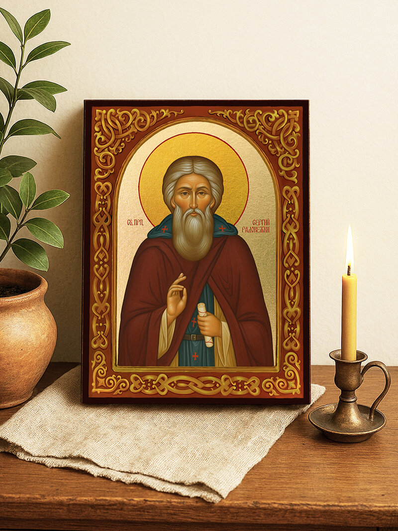 Икона на Св. Сергий Радонежки с флорален декоративен свод и златен фон