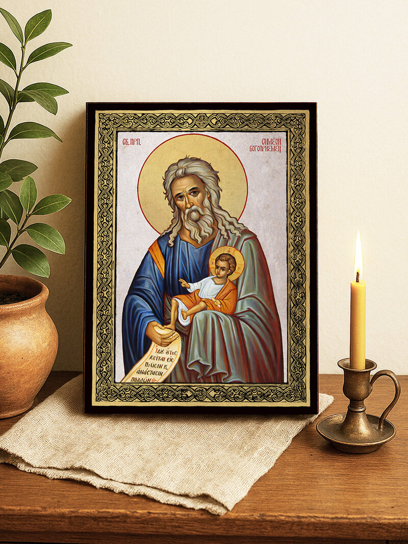 Икона на Св. Симеон Богоприемец със сребърен фон и златна рамка