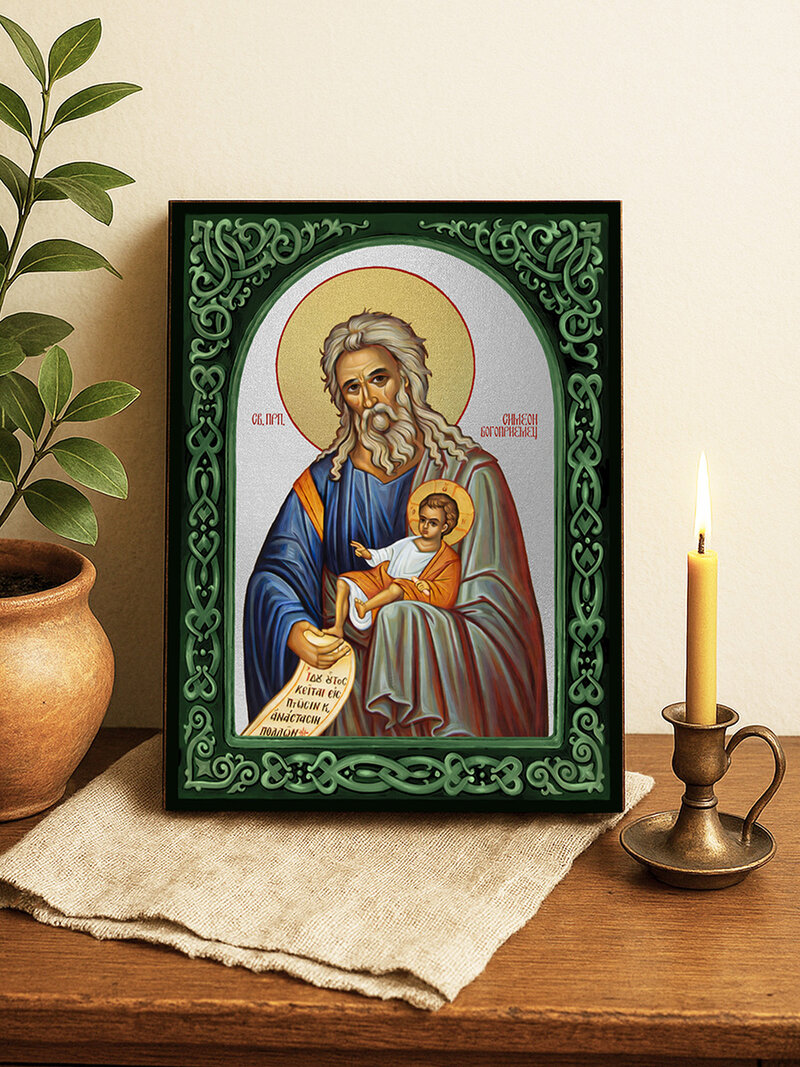 Икона на Св. Симеон Богоприемец със зелен флорален свод и сребърен фон