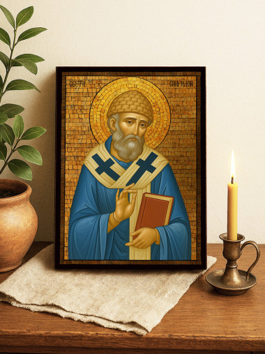 Златна икона на Свети Спиридон с фон мозайка