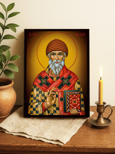 Икона на Св. Спиридон с жълт фон със затъмняване
