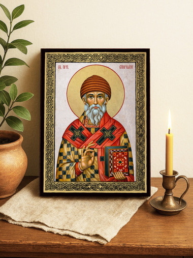 Икона на Св. Спиридон със сребърен фон и златна рамка