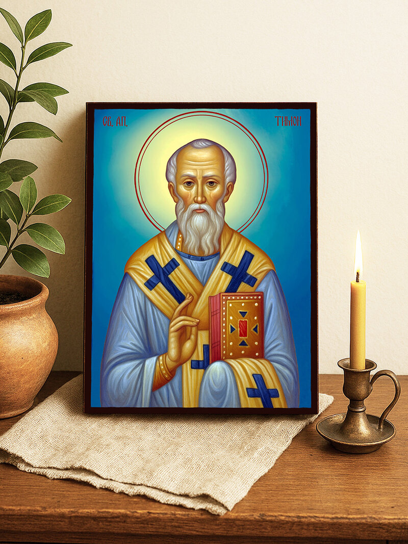 Икона на Свети Тимон с небесен фон