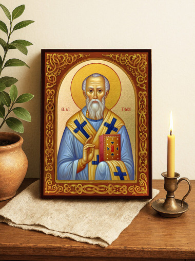 Икона на Свети Тимон със златен фон и флорален свод