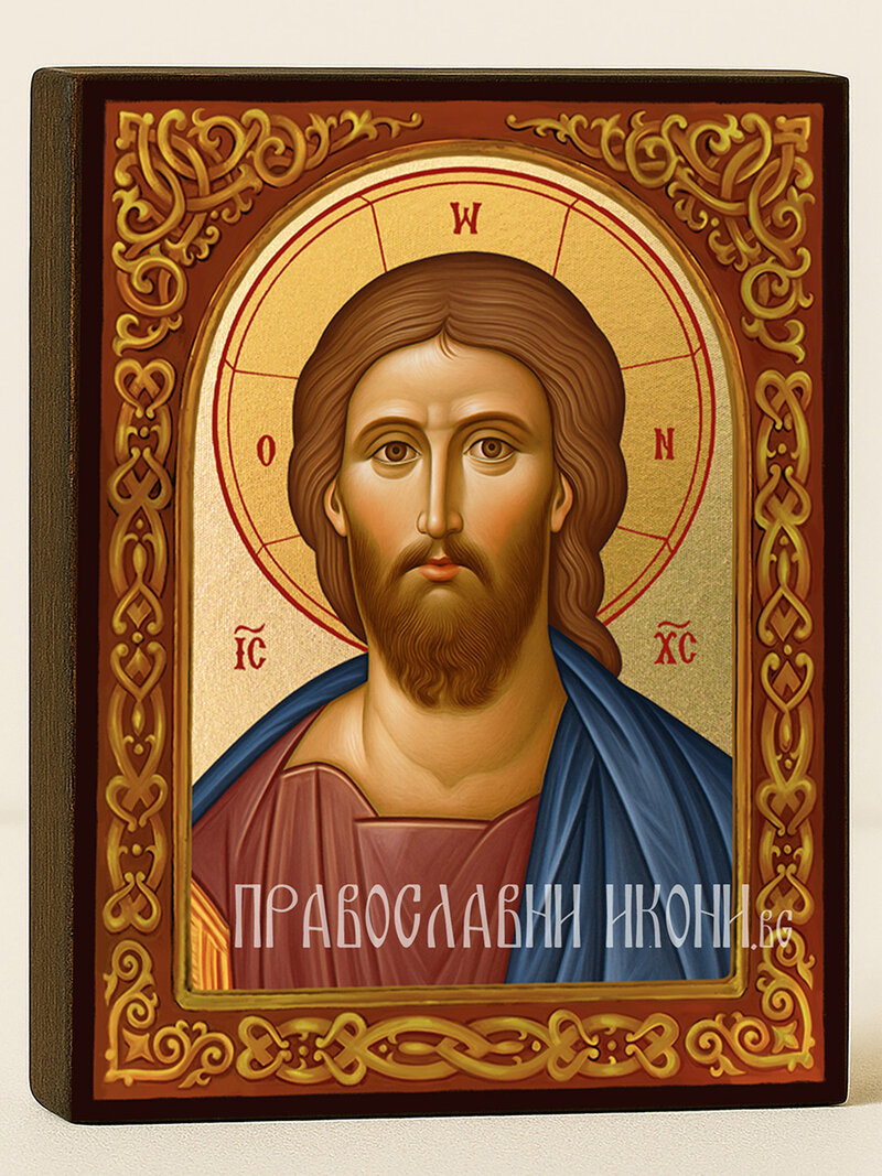 Икона на Исус Христос Спасител с флорален свод и златен фон