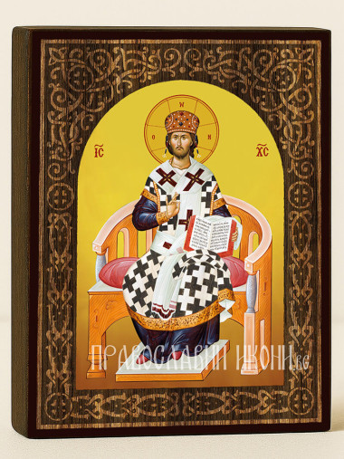 Икона на Иисус Христос Велик Архиерей с флорален дървесен свод на жълт фон