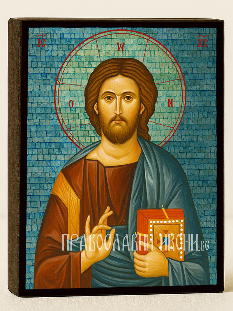Сребърна икона на Исус Христос Вседържител със сребрист син фон тип мозайка