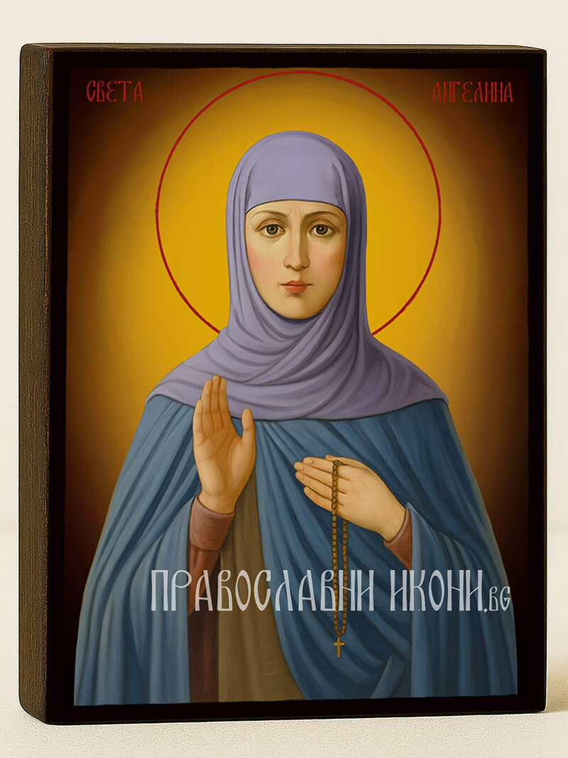 Православна икона на Св. Ангелина с жълт фон със затъмняване