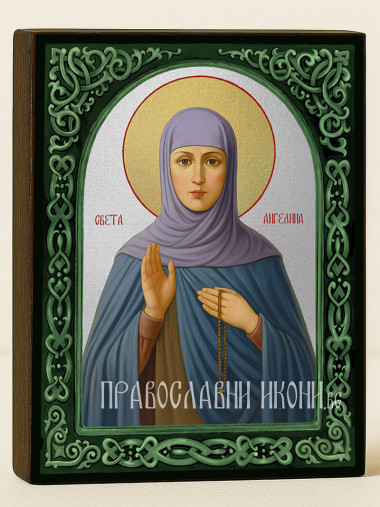 Сребърна икона на Св. Ангелина със зелен флорален свод