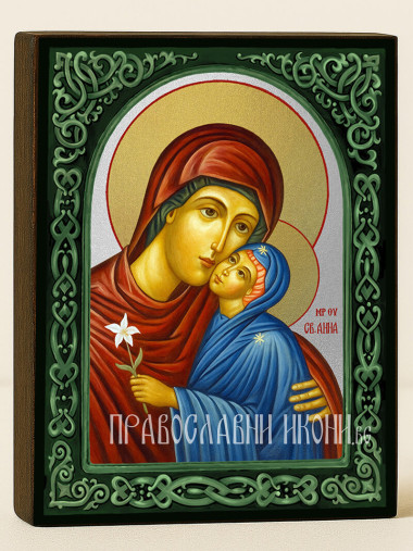 Икона на Света Анна със зелен флорален свод и сребърен фон
